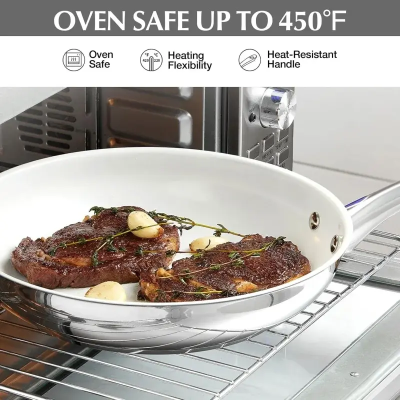 KOCH SYSTEME CS 8/12'' Stainless Steel Frying Pan with Lid White Ceramic Coated Non-stick Frying Pan Steak Skillet Omelette pan