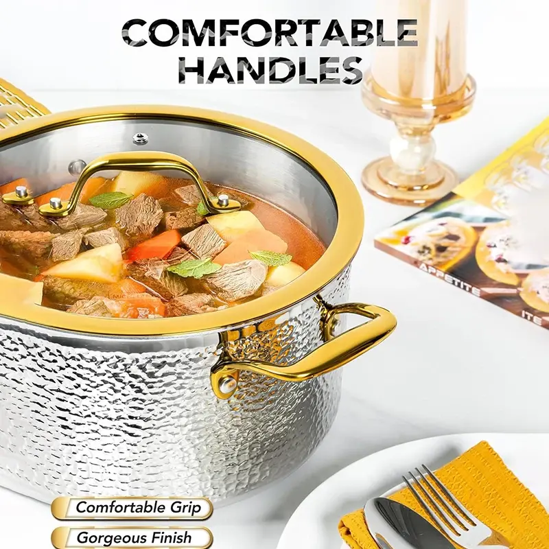 MICHELANGELO Triply Stainless Steel Stock Pot with Lid Luxury Hammered Non-stick pan 6Quart Pot Golden Handle Induction Stockpot