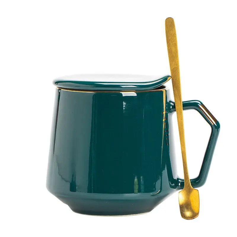 400ml European Style Light Luxury Gold-painted Ceramic Mug Green Coffee Cup with Lid and spoon Milk Cup Holiday gifts For Couple