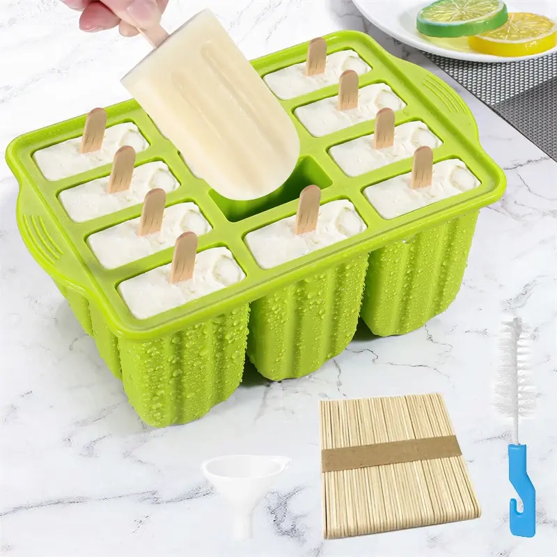 12 Cavity Summer Popsicles Molds Food grade Silicone DIY Ice Cream Tools With Wooden Sticks Easy-Release Popsicle Ice Maker