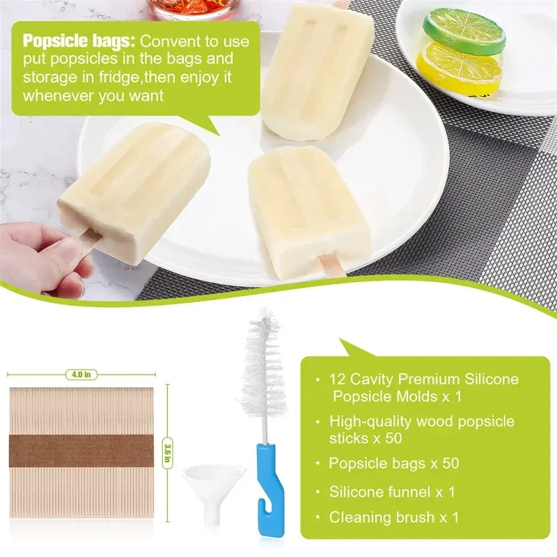 12 Cavity Summer Popsicles Molds Food grade Silicone DIY Ice Cream Tools With Wooden Sticks Easy-Release Popsicle Ice Maker