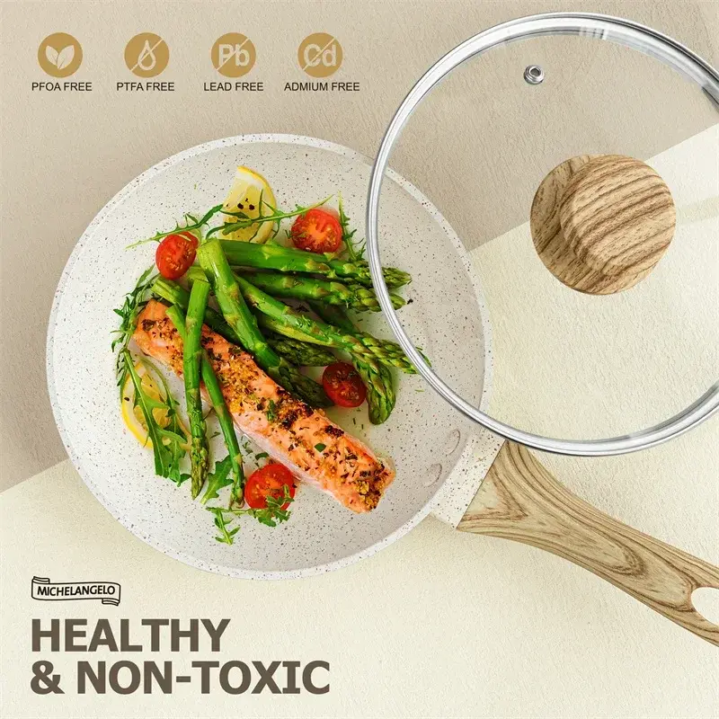 MICHELANGELO 8/10inch Frying Pan with Lid Nonstick Pan Granite Egg Pan with Anti-Scald Handle Omelet Pans Non-Toxic Coating