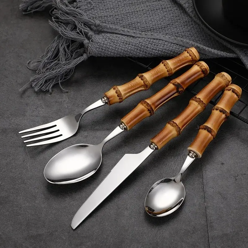 Bamboo Handle Knife Fork and Spoon Tableware Set Stainless Steel Tableware Steak Cake Dessert Tools Natural Bamboo Tableware Set