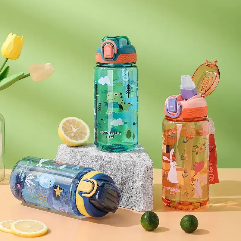 Cartoon Animal Straw Cup For Kids 600ml Water Bottle Portable Safety Lock Leak-proof Summer Drinking Jug Outdoor Camping Travel