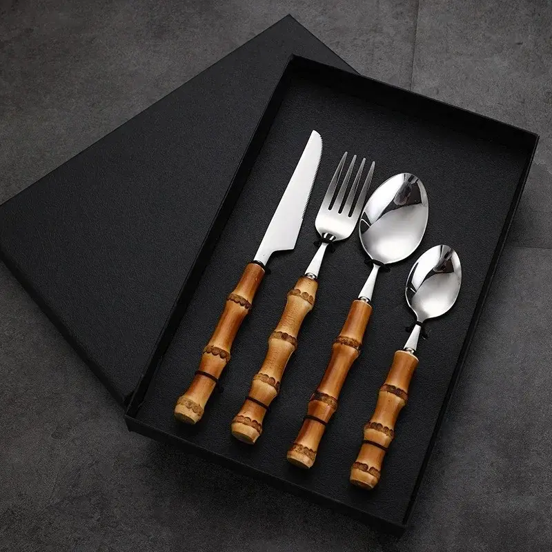Bamboo Handle Knife Fork and Spoon Tableware Set Stainless Steel Tableware Steak Cake Dessert Tools Natural Bamboo Tableware Set