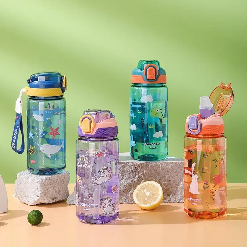 Cartoon Animal Straw Cup For Kids 600ml Water Bottle Portable Safety Lock Leak-proof Summer Drinking Jug Outdoor Camping Travel