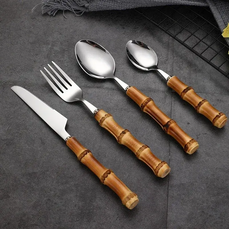 Bamboo Handle Knife Fork and Spoon Tableware Set Stainless Steel Tableware Steak Cake Dessert Tools Natural Bamboo Tableware Set