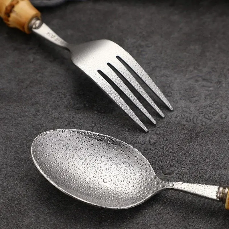 Bamboo Handle Knife Fork and Spoon Tableware Set Stainless Steel Tableware Steak Cake Dessert Tools Natural Bamboo Tableware Set
