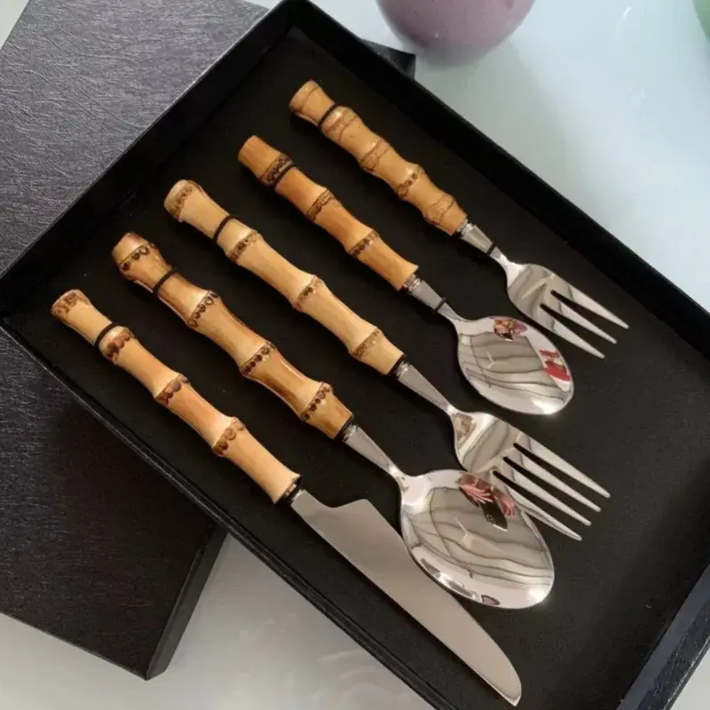 Bamboo Handle Knife Fork and Spoon Tableware Set Stainless Steel Tableware Steak Cake Dessert Tools Natural Bamboo Tableware Set