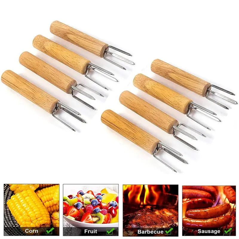 2/4/8Pcs Corn Holders Stainless Steel Wooden Handle Cob Skewers BBQ Anti Scalding Fruit Forks Outdoor Camping Cooking BBQ Tool