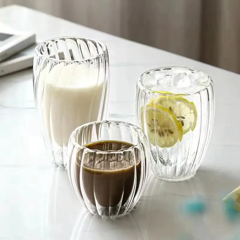 250/350/450ml Ripple Glass Double Wall Coffee Mug Breakfast Cup Heat-resistant Tea Milk Juice Mug Beer Water Glasse Drinkware
