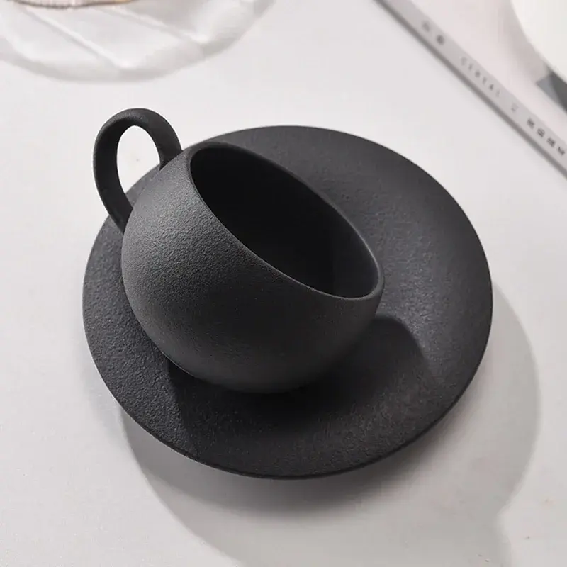 110/280ml Japanese-style Ceramic Mug Black White Fired Stone Coffee Cup and Saucer Set Breakfast Milk Coffee Cup Egg-shaped Mug