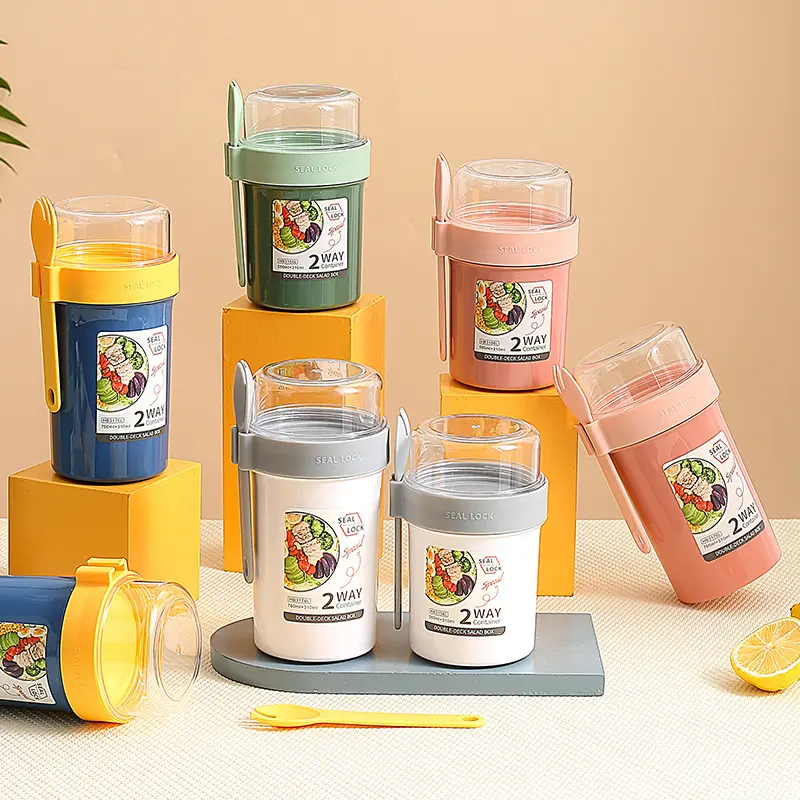 Portable Overnight cup Salad Cups Container with Lid and Fork Breakfast Oatmeal Nut Yogurt Cup School Lunch Box Food Storage