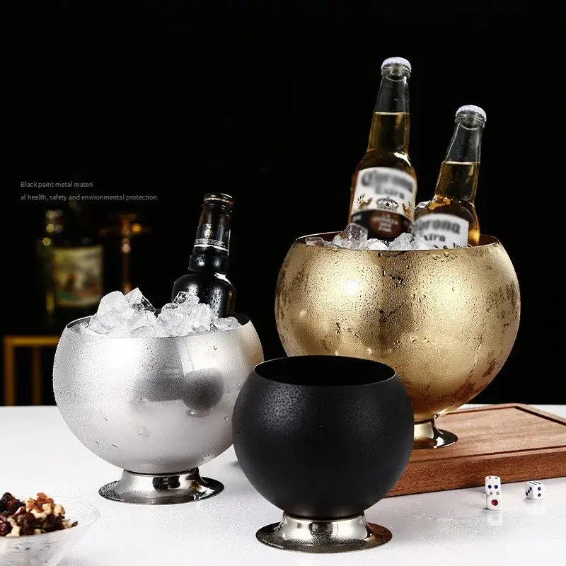 Round Thick Stainless Steel Ice Bucket Home KTV Bar Wine Beer Cooler Bucket With Base Restaurant Party Ice Maker Beer Bucket