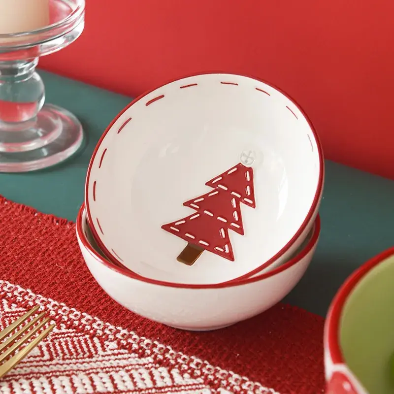 1Pcs Nordic Ceramic Santa Claus Bowl Creative Embossed Fruit Salad Bowl Western Salad Bowls Home Tableware Christmas Gift