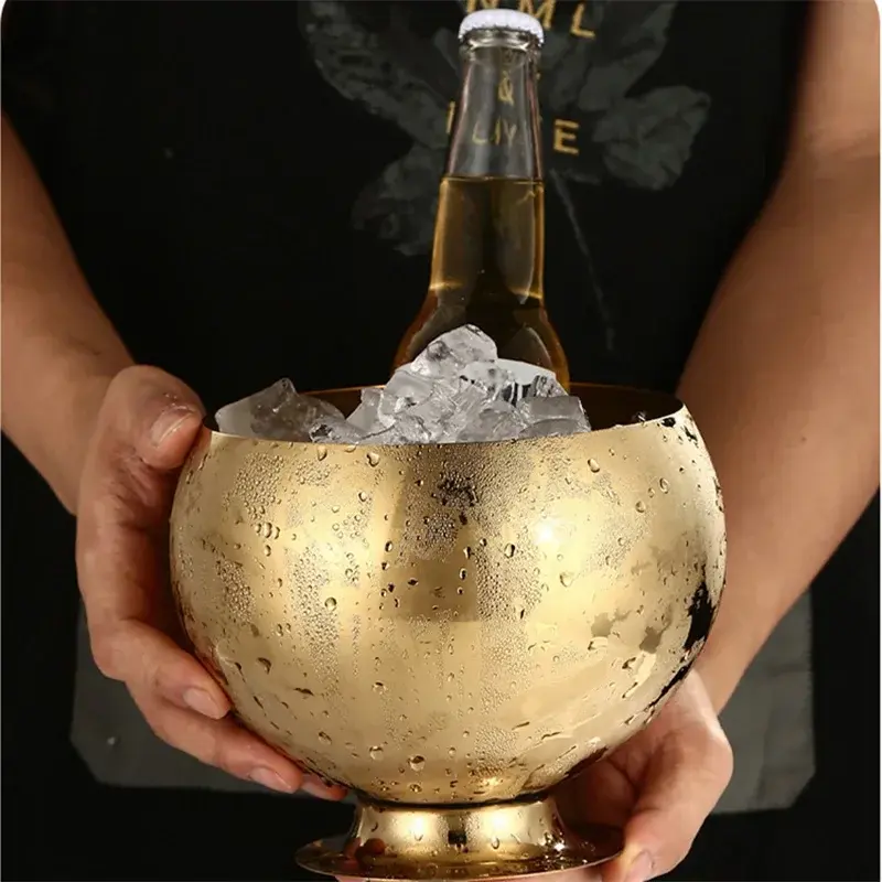 Round Thick Stainless Steel Ice Bucket Home KTV Bar Wine Beer Cooler Bucket With Base Restaurant Party Ice Maker Beer Bucket