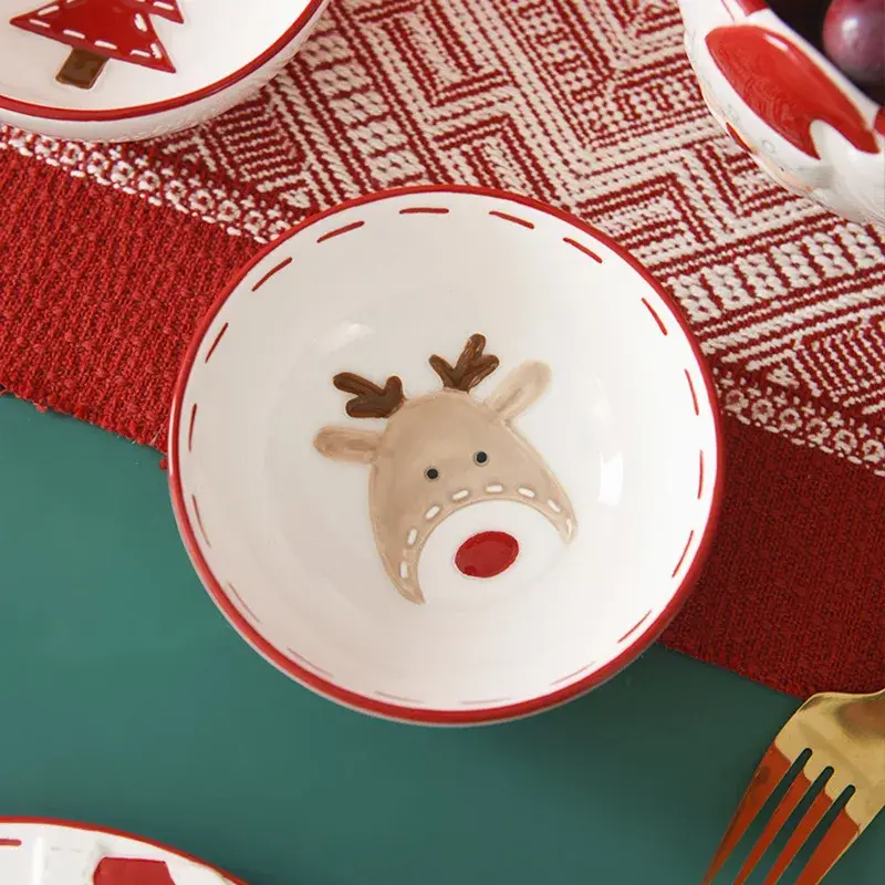 1Pcs Nordic Ceramic Santa Claus Bowl Creative Embossed Fruit Salad Bowl Western Salad Bowls Home Tableware Christmas Gift