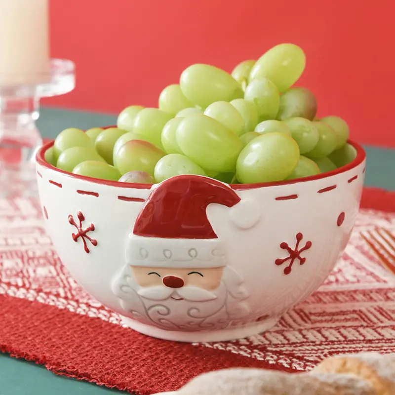 1Pcs Nordic Ceramic Santa Claus Bowl Creative Embossed Fruit Salad Bowl Western Salad Bowls Home Tableware Christmas Gift