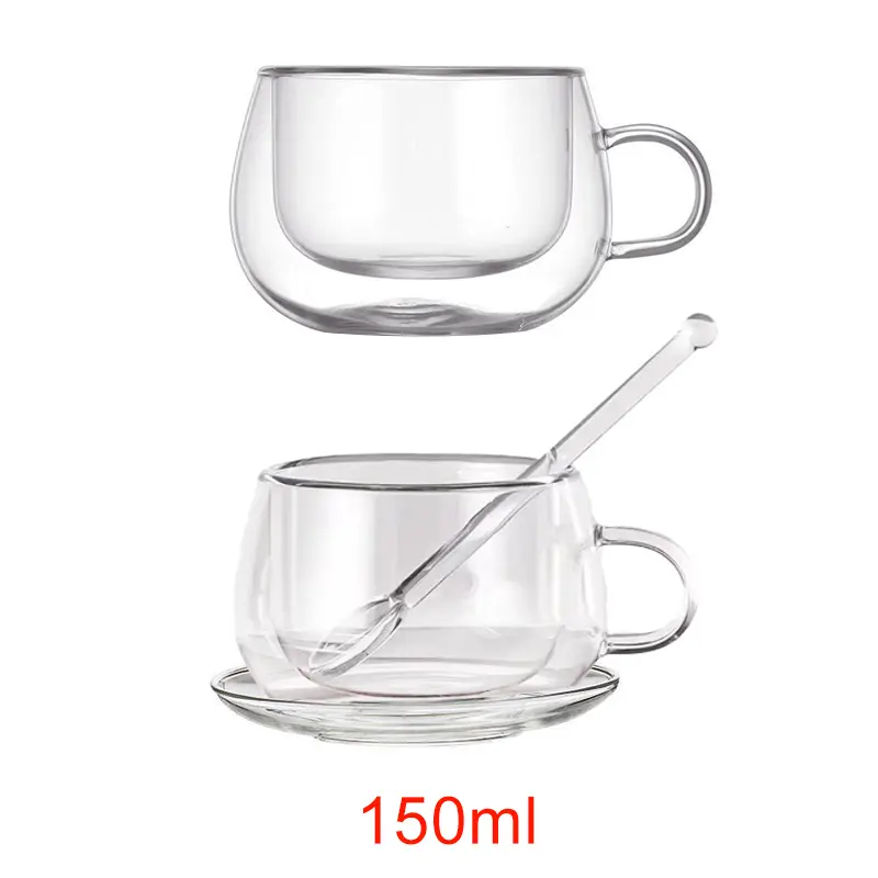 150/300ml Double Wall Glass Coffee Cup with Saucers and Spoon Heat Resistant Espresso Cups With Handle Mug Drinkware Milk Teacup