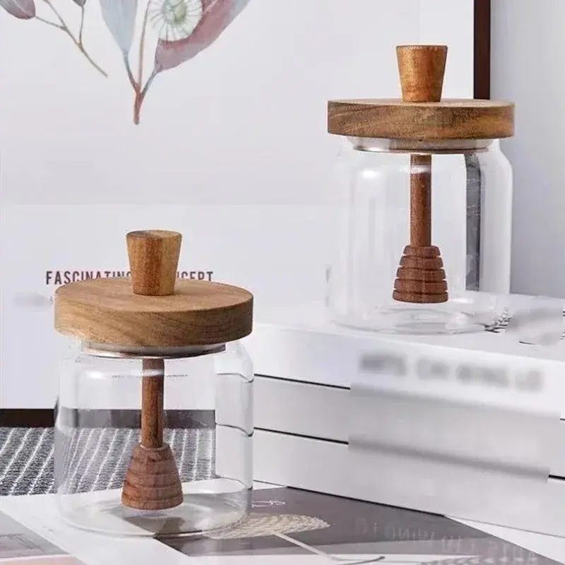 Transparent Glass Honey Jar with Wooden Lid Mixing Rod Sealed Tank Home Kitchen Honey Sealed Storage Jars Honey Containers