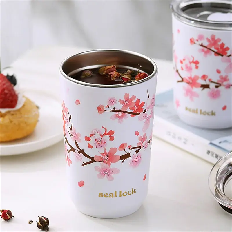 Stainless Steel Coffee Cup Cherry Blossom Pattern Thermal Mug with Lid Travel Mug Milk Tea Leak-Proof Double Wall Water cup