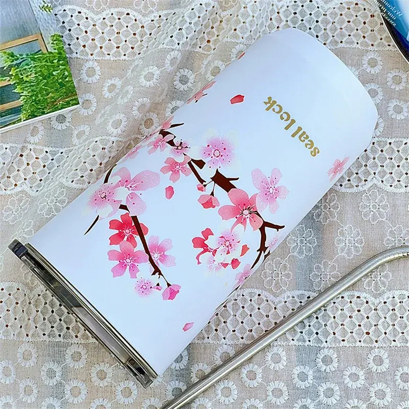 Stainless Steel Coffee Cup Cherry Blossom Pattern Thermal Mug with Lid Travel Mug Milk Tea Leak-Proof Double Wall Water cup
