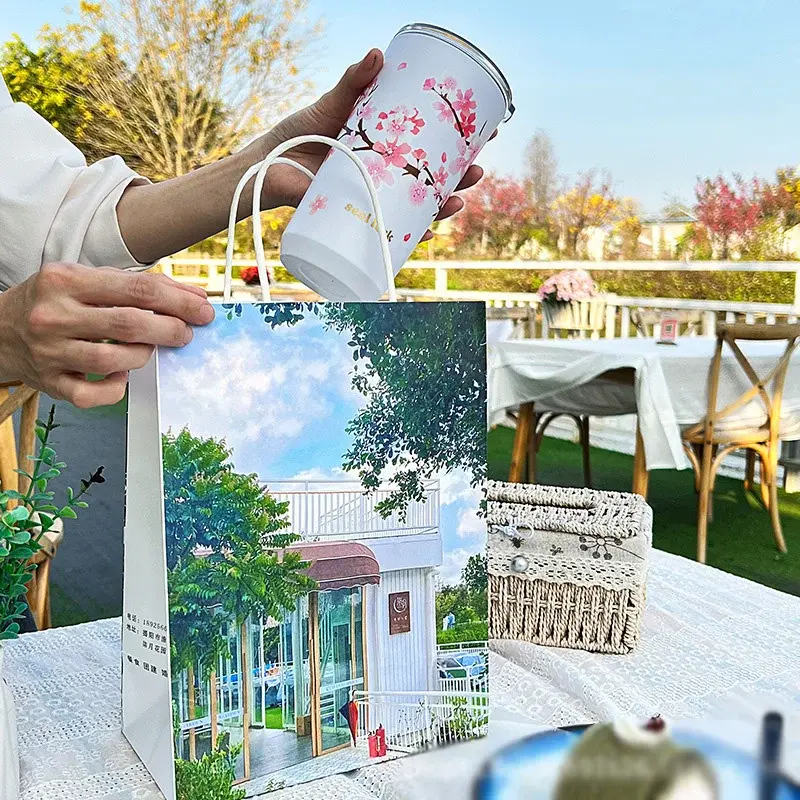 Stainless Steel Coffee Cup Cherry Blossom Pattern Thermal Mug with Lid Travel Mug Milk Tea Leak-Proof Double Wall Water cup
