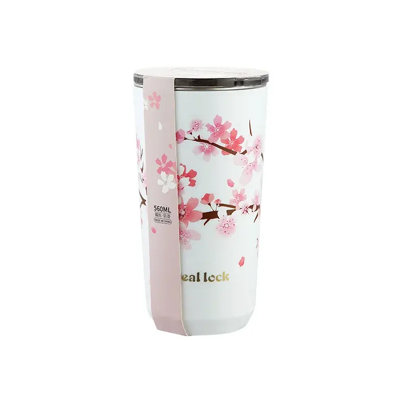 Stainless Steel Coffee Cup Cherry Blossom Pattern Thermal Mug with Lid Travel Mug Milk Tea Leak-Proof Double Wall Water cup