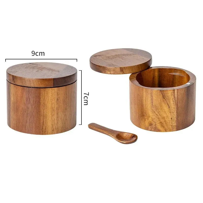 Wooden Seasoning Jar Pepper Salt Shaker Seasoning Box Large Capacity Pepper Box with Spoon Magnetic Rotating Lid Kitchen Storage