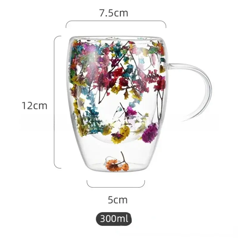 350ml Creative Double High borosilicate Glass Mugs with Handle Heat insulation Flower Milk Coffee Cups Home Water Cup Supplies