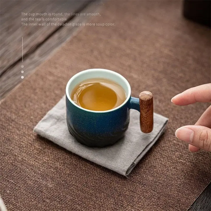 Retro Ceramics Coffee Cup Filter Tea Mug Solid Color Gradient Glaze Wooden handle Handmade Coffee Cup Tea Cup For Office Gfit
