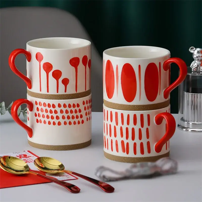 450ml Red/Blue Hand Painted Ceramic Mug Nordic Style Coffee Cup with Handle leaf pattern Breakfast Oatmeal Cup Couple Water Cup