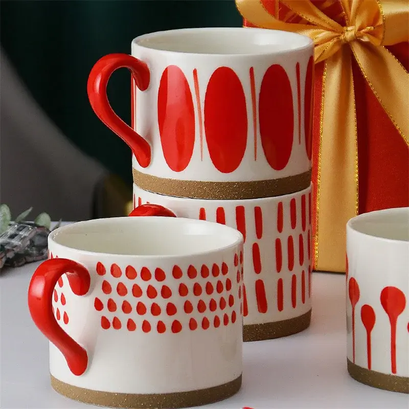 450ml Red/Blue Hand Painted Ceramic Mug Nordic Style Coffee Cup with Handle leaf pattern Breakfast Oatmeal Cup Couple Water Cup