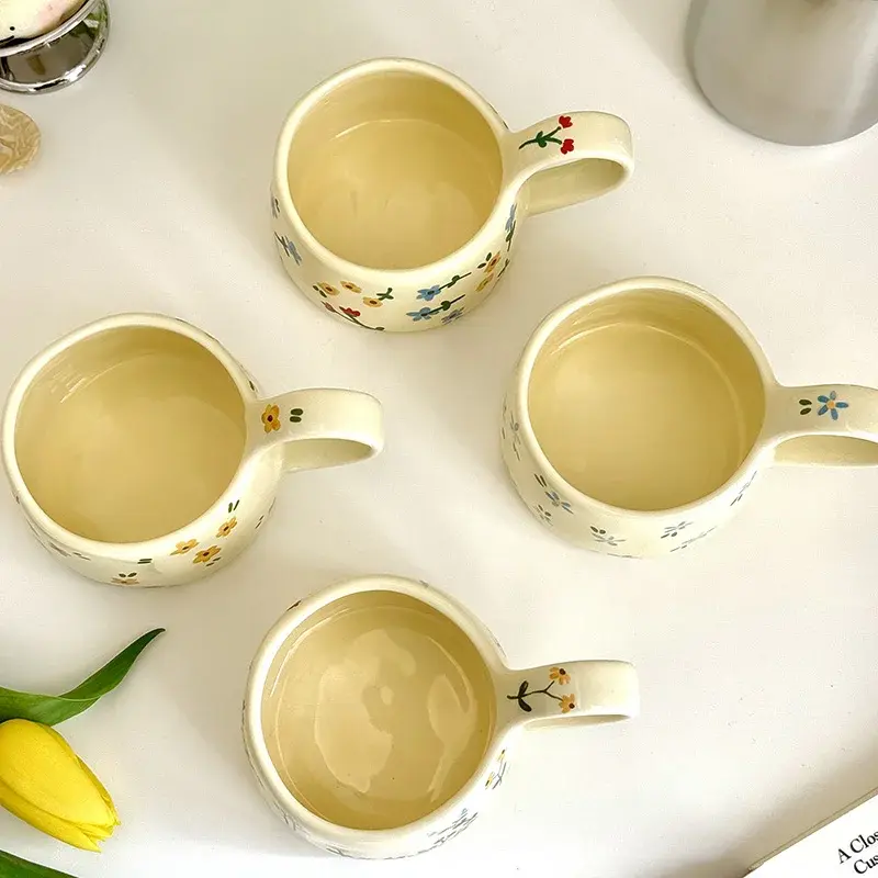 Cream yellow Ceramic Mug Korean Style Cute Flower Pattern Coffee Cup Hand Pinched Irregular Mug Breakfast Milk Tea Cups Watercup
