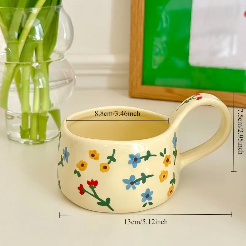 Cream yellow Ceramic Mug Korean Style Cute Flower Pattern Coffee Cup Hand Pinched Irregular Mug Breakfast Milk Tea Cups Watercup