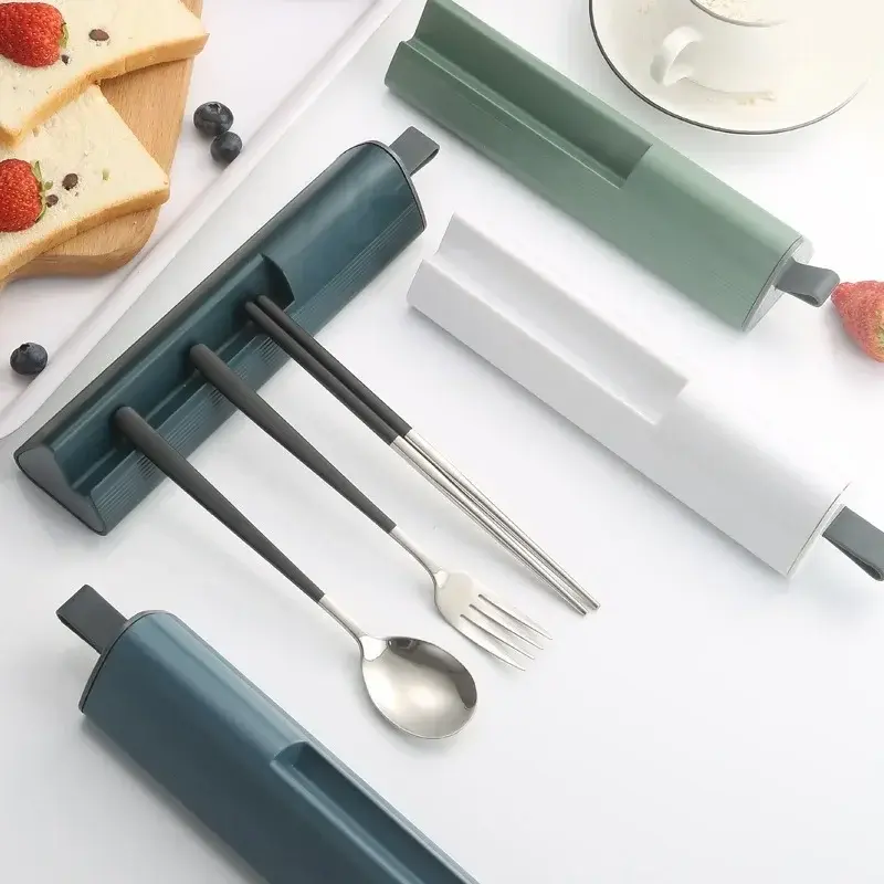 304 Stainless Steel Spoons Forks Chopsticks Cutlery Set with Pull-out Box for Students Workers Portable Lunch Dinnerware As Gift