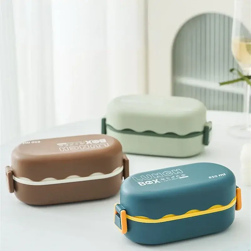 850ML Lunch Box Double-layer Plastic Compartment Lunch Box with Spoon Buckle Leak-proof Food Storage Container Sealed Picnic Box