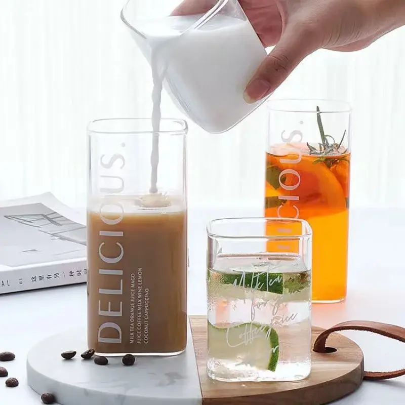 Square Glass Milk tea Drink cup High Borosilicate Transparent Glass Cold Drink Milk Juice Tea Cups Beer Coffee Cup 250/350/450ML