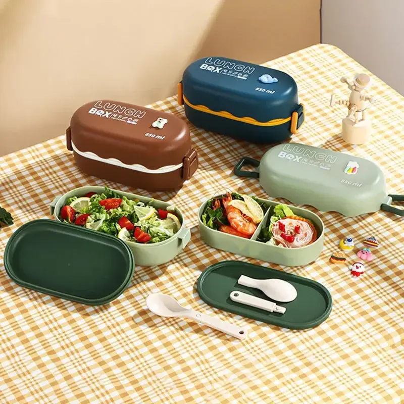 850ML Lunch Box Double-layer Plastic Compartment Lunch Box with Spoon Buckle Leak-proof Food Storage Container Sealed Picnic Box