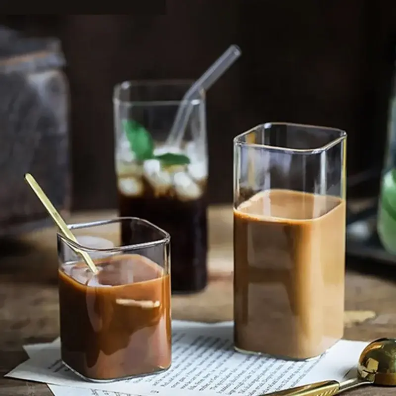 Square Glass Milk tea Drink cup High Borosilicate Transparent Glass Cold Drink Milk Juice Tea Cups Beer Coffee Cup 250/350/450ML