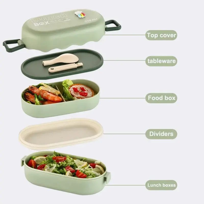 850ML Lunch Box Double-layer Plastic Compartment Lunch Box with Spoon Buckle Leak-proof Food Storage Container Sealed Picnic Box