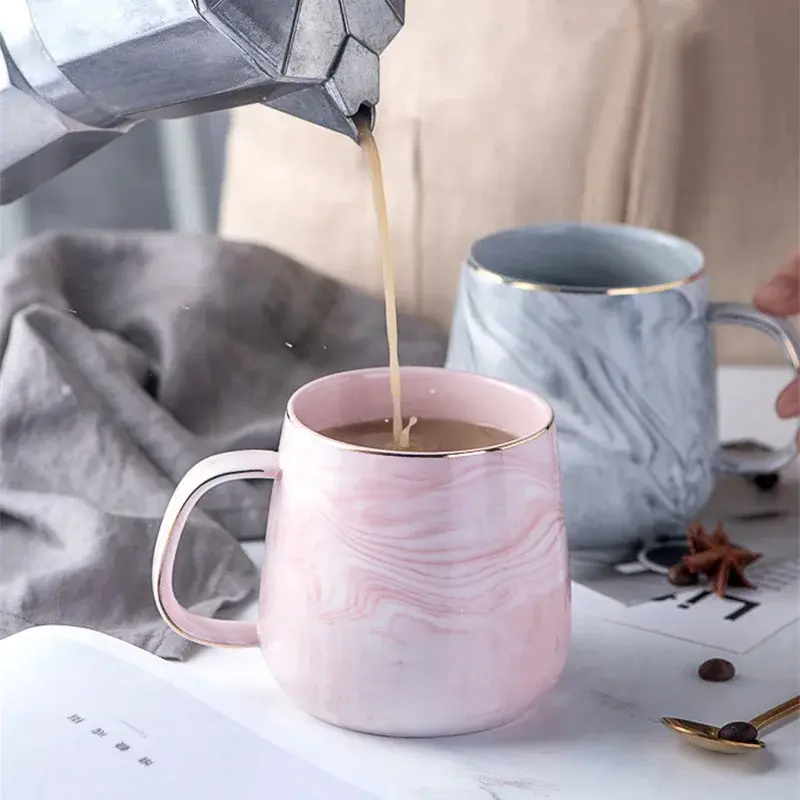 Pink/Grey Ceramic Mug Nordic Ins Style Marbled Gold Rim Coffee Cup Oatmeal Breakfast Cup Valentine's Day Dift Couple water cups