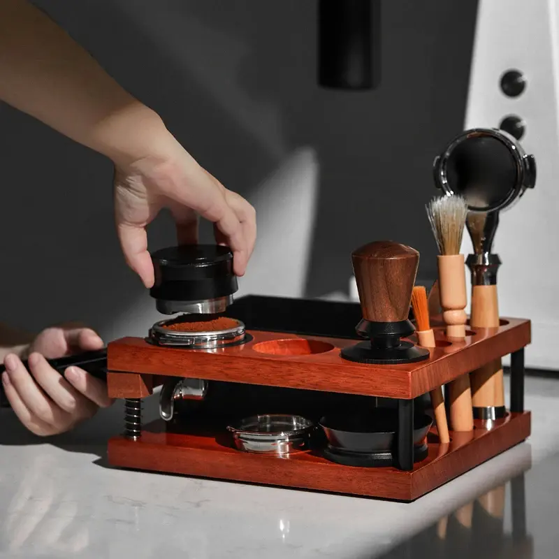51-58MM Spring Coffee Tamper Station Stand Wooden Coffee Portafilter Holder Distributor Puck Screen Organizer Coffee Knock Box