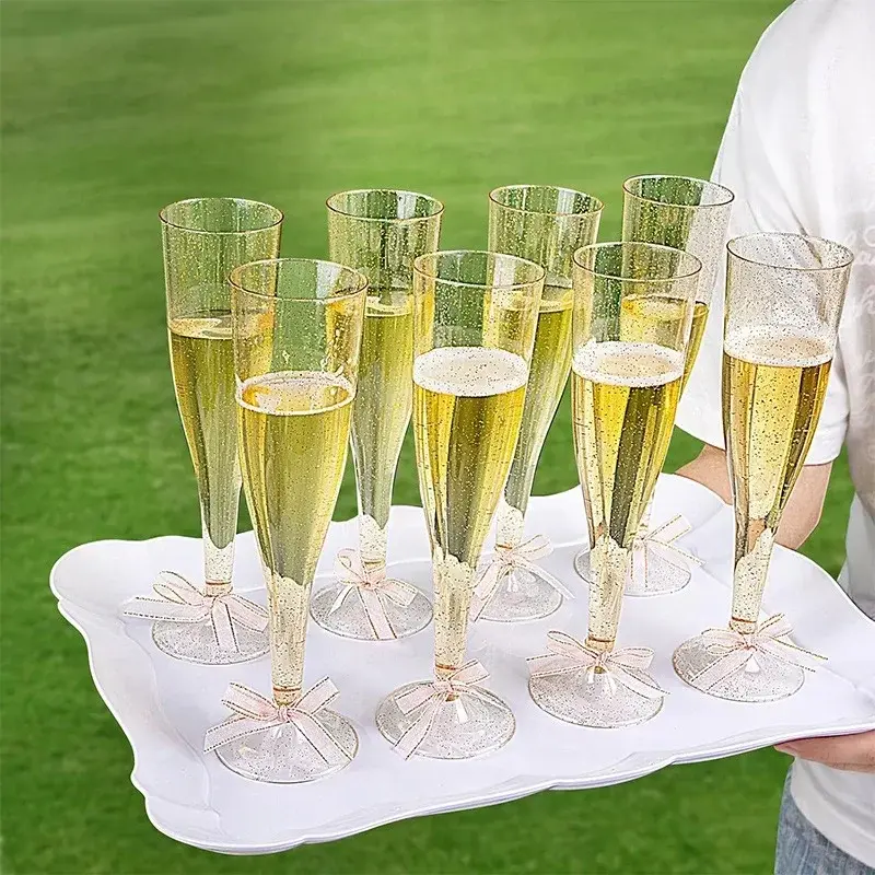 25pcs Disposable Plastic Champagne Flutes 5Oz Clear Glitter Champagne Cups Bar Wedding Party Wine Cups Crystal Wine Cocktail Cup
