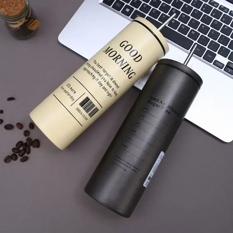 Coffee Cup Thermos Cup Stainless Steel Double-layer Vacuum Thermos Cup with Straw Portable Car Coffee Cup Office Water Cup