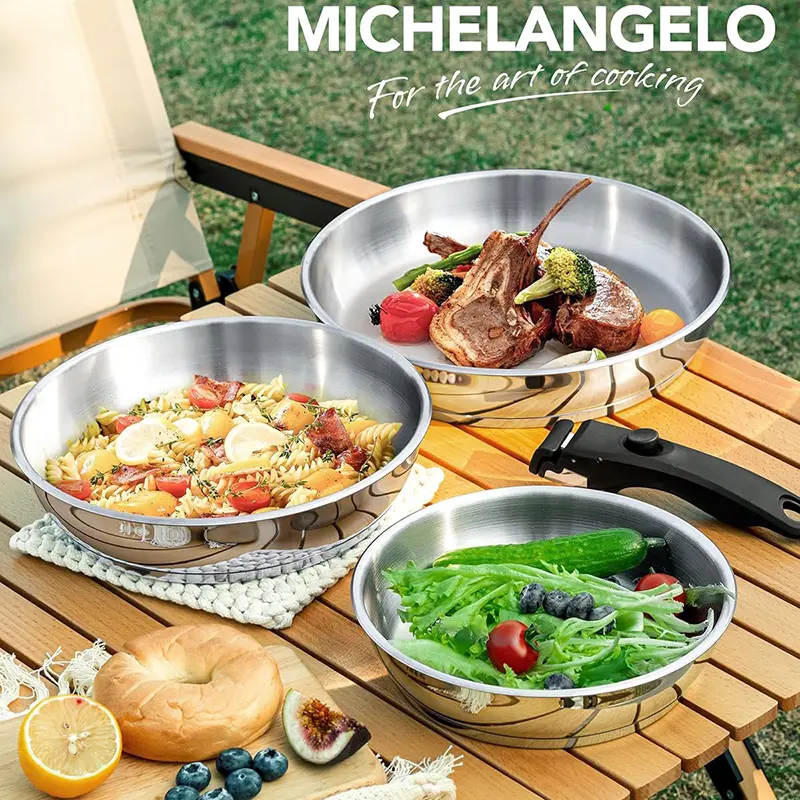 MICHELANGELO Stainless Steel Frying Pan Set 8" & 9.5" & 11" Kitchen Cooking Pans with Removable Handle Induction Compatible