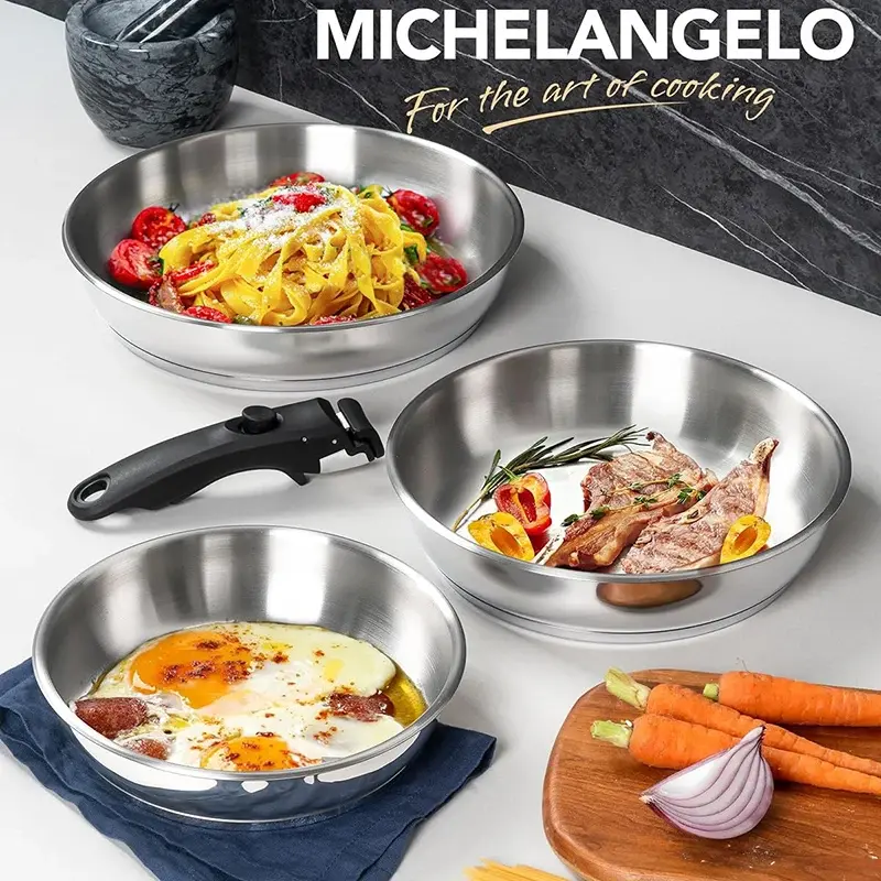 MICHELANGELO Stainless Steel Frying Pan Set 8" & 9.5" & 11" Kitchen Cooking Pans with Removable Handle Induction Compatible