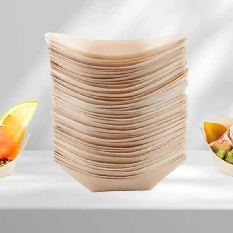 50Pcs Disposable Wooden Boat-shaped Sushi Plate Salad Dessert Bowl Pine Wood Bowl Plate Tray for Home Party Wedding Supplies