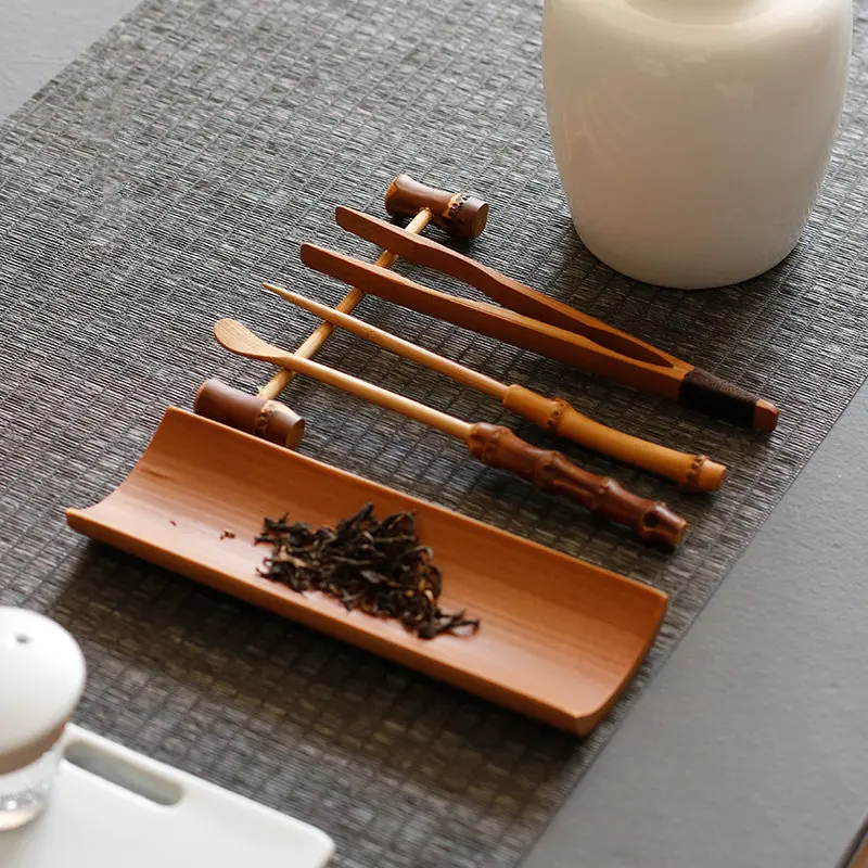 3/4/5Pcs Bamboo Carbonized Teaware Set Tea Tray Teaspoon Tea clip needle Exquisite Tea Making Tool Accessories Spoon Tongs