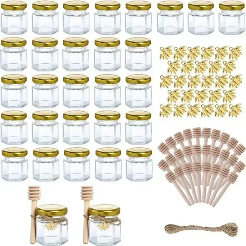 1.5Oz Sealed jar Hexagon Mini Glass Honey Jars with Bee Pendants,Jutes,Wood Dipper Jam Jars for Party Favors Wedding Baby Shower